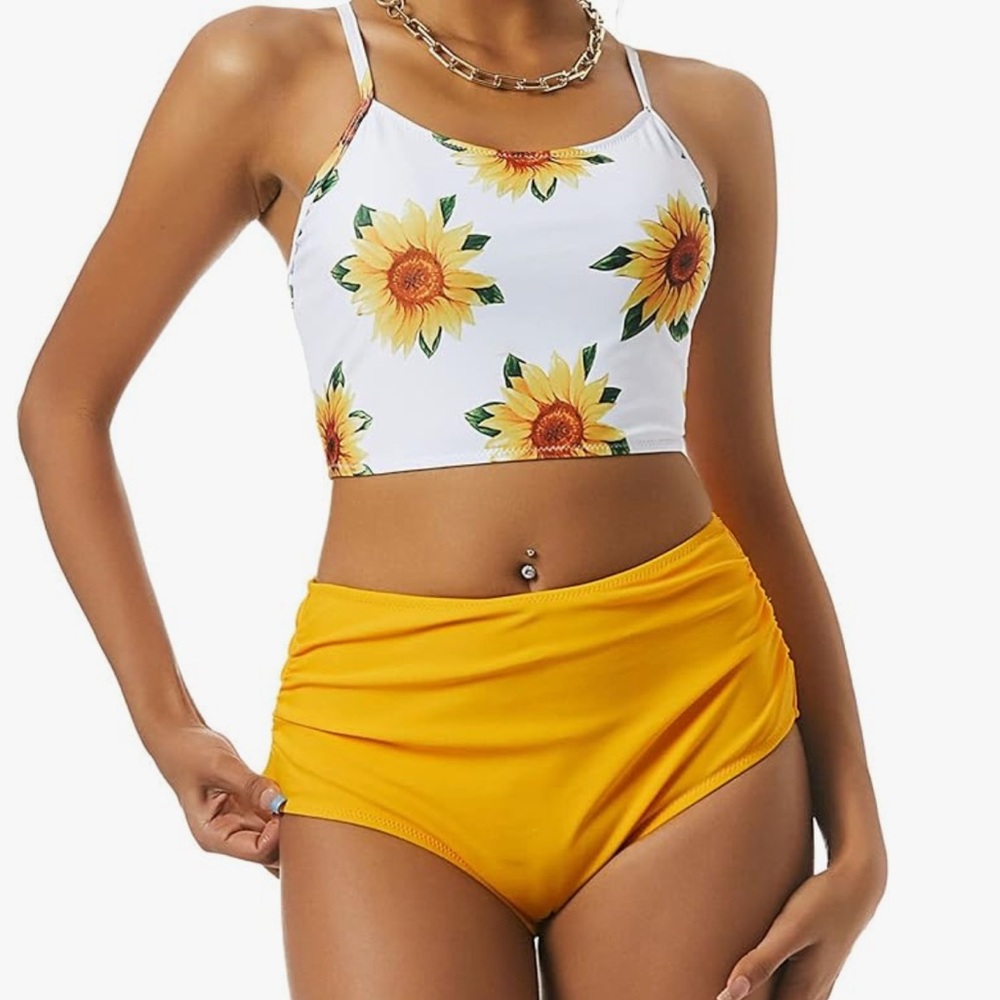 5/$25 NWT Longline Sunflower Bikini Crisscross Top | Zaful